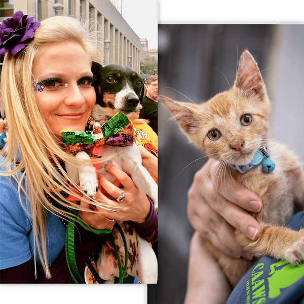 baton rouge animal shelter volunteers holding a cat and a dog