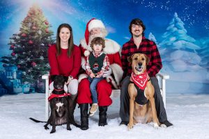 Family with young boy and 2 dogs taking pet photos with santa